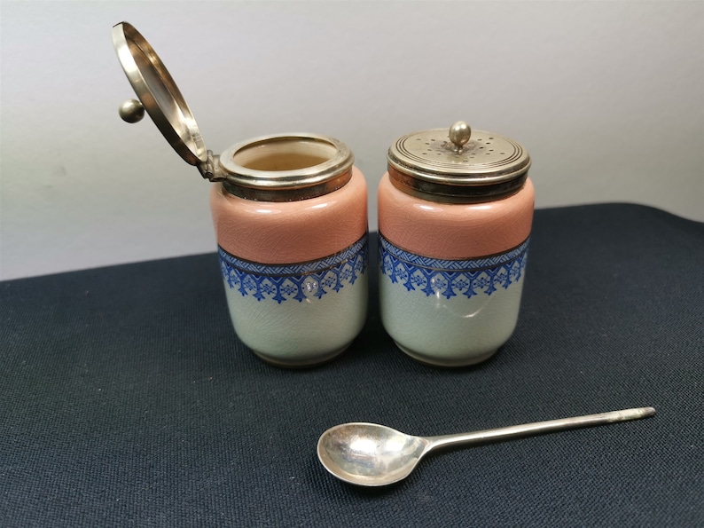 Antique Salt or Pepper Shaker and Mustard Pot Jar Set Ceramic and Silver Plated Cruet Late 1800/'s Early 1900/'s Silver Pink Blue White