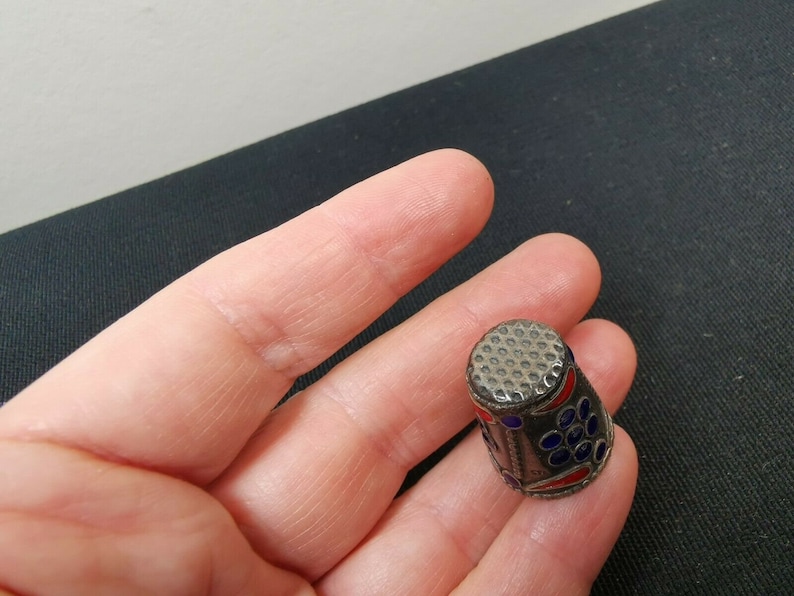 Vintage Silver Thimble with Blue and Red Enamel Flower