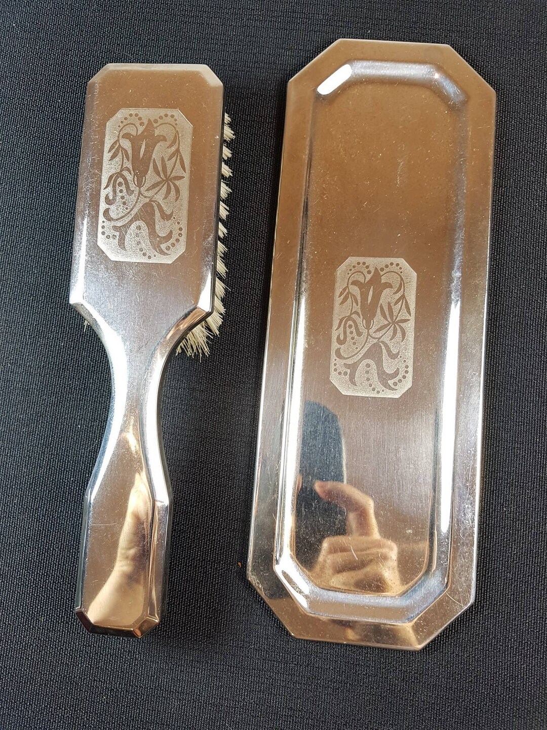 Vintage Silver Metal Vanity Tray and Hair Brush Set 1920's Etsy