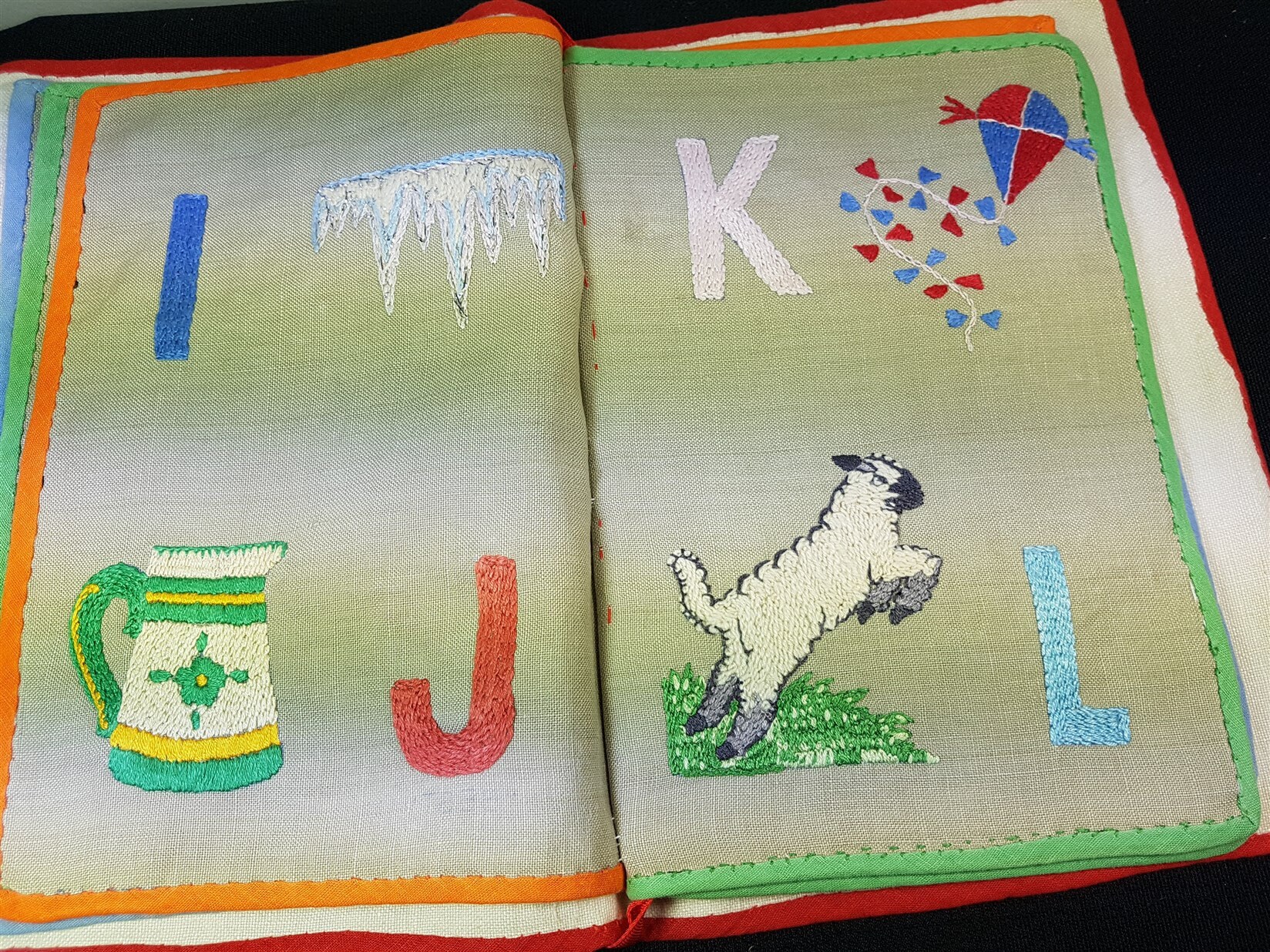 Antique hand embroidered cloth baby alphabet ABC book numbers animals