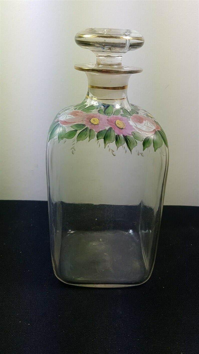Vintage Glass Decanter Bottle Clear With Hand Painted Flowers Etsy