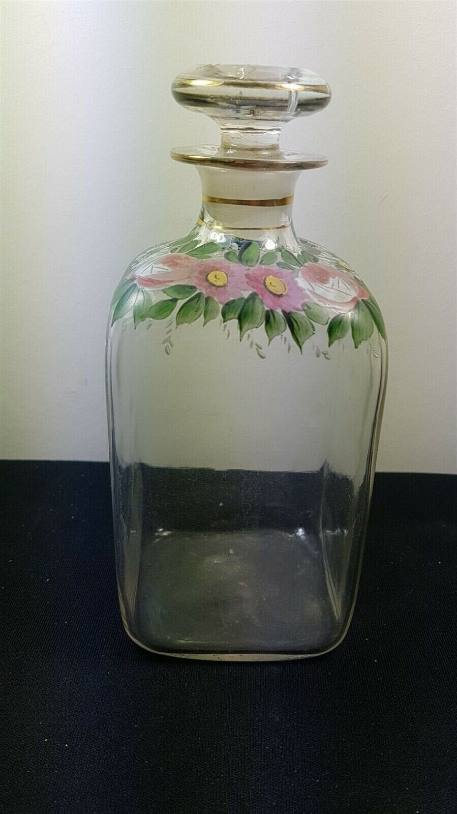 Vintage Glass Decanter Bottle Clear With Hand Painted Flowers Etsy