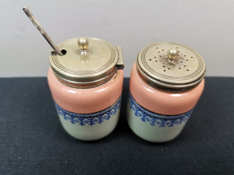 Antique Salt or Pepper Shaker and Mustard Pot Jar Set Ceramic and Silver Plated Cruet Late 1800/'s Early 1900/'s Silver Pink Blue White