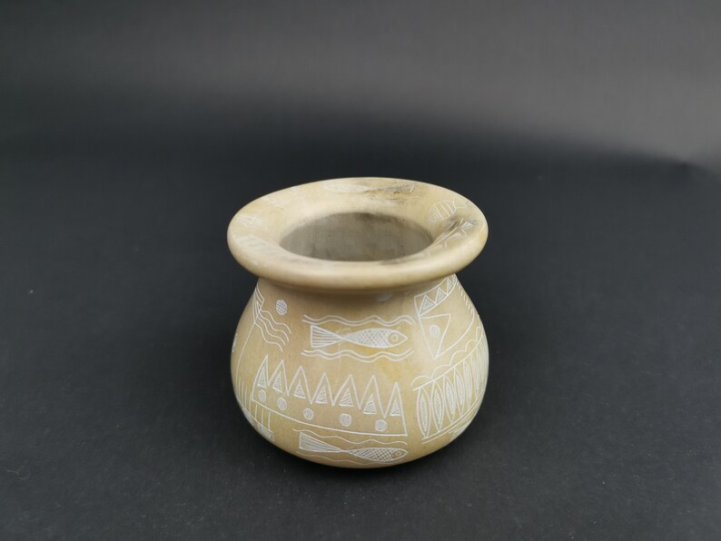 Vintage Carved Marble Bowl with Sgraffito Drawings on All Sides Hand Made Original