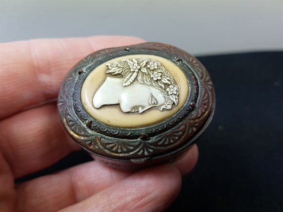 Antique Pill Box Jewelry or Trinket Cameo Copper … - image 9