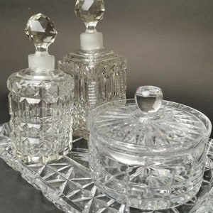 Vintage Vanity Set Cut Crystal Glass Tray Powder Jar and 2 Perfume Bottles with Stoppers 1920's - 1930's