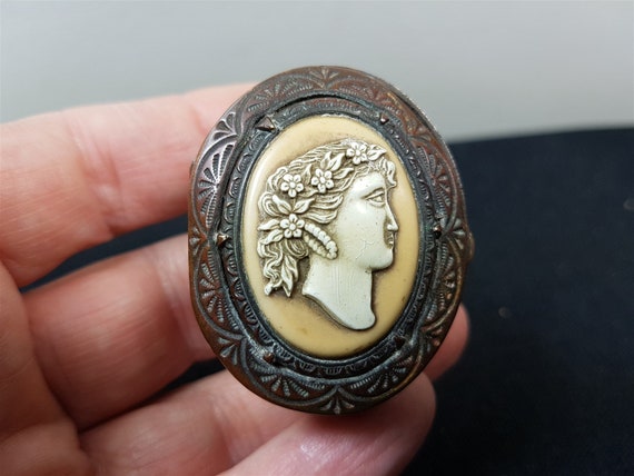 Antique Pill Box Jewelry or Trinket Cameo Copper … - image 7