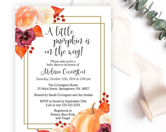 Fall Pumpkin Baby Shower Invitation, Autumn Blush, Peach and Burgundy Floral Gender Neutral Invite, Gender Neutral, Printable or Printed