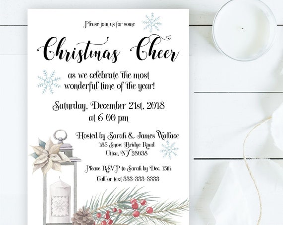 Christmas Cheer Party Invitation, Lantern Pine and Candle Holiday Invite, Old Fashioned Vintage Themed, Dinner Party or Open House