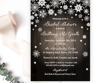 Snowflake Bridal Shower Invitation, Rustic Winter Wonderland Invite, Christmas Holiday or December Event, Printable or Printed