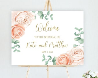 Peach Wedding Welcome Sign, Watercolor Blush and Beige Floral Spring Wedding Reception Decor, Printable, P1
