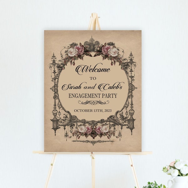 Victorian Engagement Party Welcome Sign, Vintage Goth Wedding Shower Sign Decoration, Elegant Halloween Printable, V1