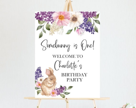 Somebunny is One Birthday Welcome Sign, Watercolor Bunny, Lilacs and Blush Flowers Signage, Spring Party, Printable, L1
