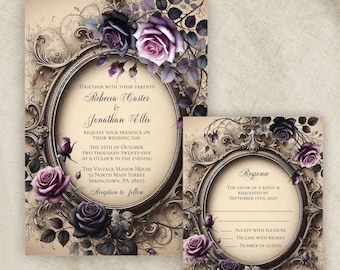 Elegant Vintage Goth Wedding Invitation, Black and Purple Floral Fantasy Gothic Suite, Dark Victorian Fairytale, Printable or Printed