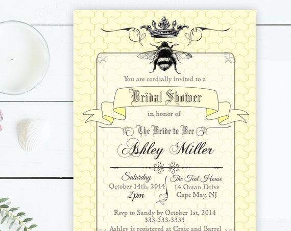 Bride to Bee Bridal Shower Invitation, Honey Queen Bee or Bumblebee Invite, Elegant Yellow Honeycomb Wedding Shower, Printable or Printed