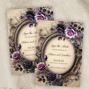 May include: Two save the date cards with an ornate gold frame and purple roses. The text reads "Save the Date" for the wedding of Rebecca and Jonathan, October 25, 2025, Springtown, Pennsylvania. Formal invitation to follow.