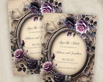 Elegant Vintage Goth Save the Date, Black and Purple Floral Fantasy Gothic Wedding Announcement, Dark Moody Fairytale, Printable or Printed