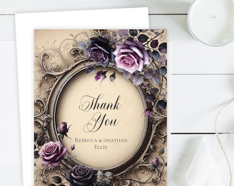 Elegant Vintage Gothic Thank You Cards, Printed Folding Purple and Black Wedding Note Cards, Gothic Fantasy, Dark Moody Victorian Fairytale