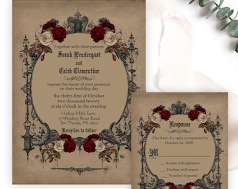 Elegant Vintage Goth Wedding Invitation, Halloween Wedding Invite, Haunted Gothic Theme with Burgundy Roses, Printable or Printed, V3