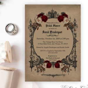 Elegant Vintage Goth Bridal Shower Invitation, Haunted Gothic Halloween Wedding Shower Invite, Burgundy Roses, Printable or Printed, V3