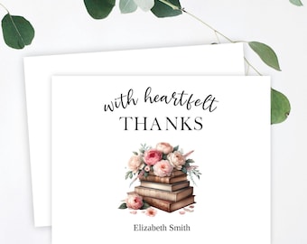 Book Themed Thank You Cards for Bridal or Baby Shower, Vintage Books and Pink Peonies Floral Note Cards, Printed Cards with Envelopes