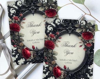 Elegant Vintage Gothic Thank You Cards, Printed Folding Red Roses Wedding Note Cards, Gothic Fantasy, Dark Moody Victorian Fairytale