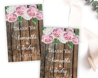 Floral Wedding Favor Tags, Rustic Floral Wedding Favor Tags, Pink Roses Wedding Tags, Wedding Thank You Tags, Pink Floral Wedding Tags