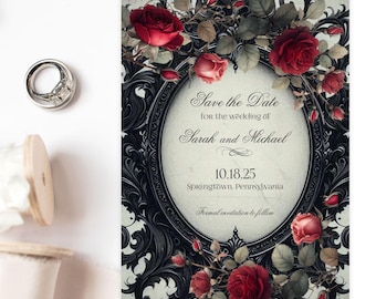 Elegant Vintage Goth Save the Date, Victorian Red Roses Gothic Wedding Announcement, Dark Moody Fairytale, Printable or Printed
