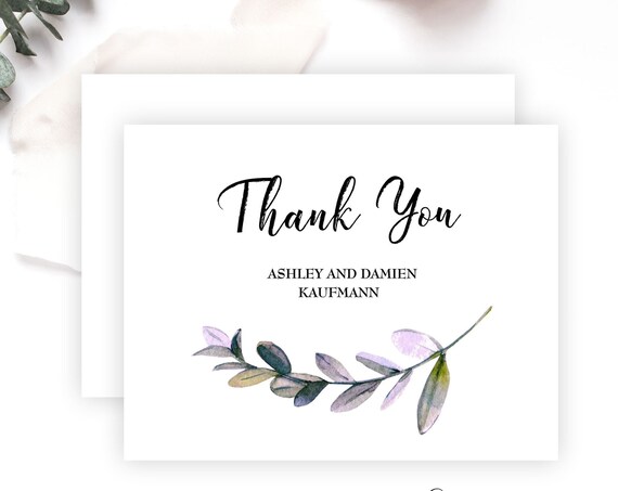 Lavender Greenery Thank You Cards, Printed Folded Botanical Eucalyptus Note Cards for Wedding, Bridal or Baby Shower, Envelopes Included