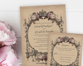 Elegant Vintage Goth Wedding Invitation, Halloween Wedding Invite, Haunted Gothic Theme with Blush Roses, Printable or Printed, V1