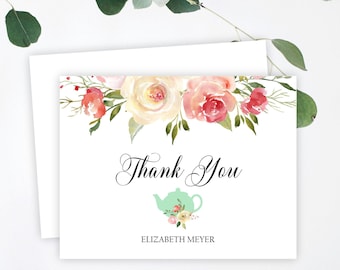 Bridal Tea, Baby Tea Thank You Card, Blush Floral and Mint Teapot Thank You Note, Wedding, Birthday Blank Note Card, Envelopes Included, A1