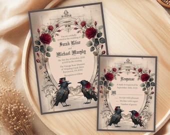 Halloween Gothic Raven Couple Wedding Invitation, Vintage Burgundy Flowers Invite and RSVP, Printable or Printed