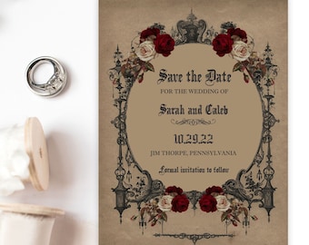Vintage Goth Save the Date, Halloween Haunted Gothic Themed Wedding Announcement Invitation, Printable or Printed, V3