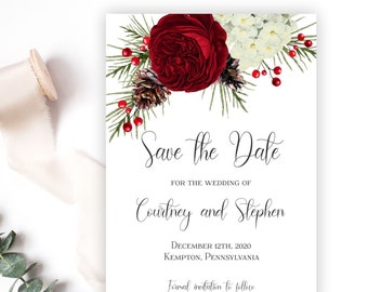 Winter Save the Date, Burgundy Floral, Pine and Red Berries Wedding Announcement, Christmas, Holiday, December, Printable or Printed