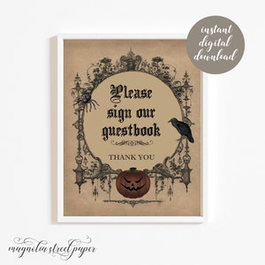 Veuillez signer notre livre d'or, Panneau de mariage gothique d'Halloween à imprimer, Décoration de réception vintage et effrayante, Téléchargement instantané