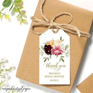 Fall Floral Bridal Shower Favor Tags, Burgundy, Pink, Orange Watercolor Thank You Tags for Baby Shower, Birthday, Printable or Printed, F1
