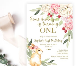 Some Bunny is Turning One Birthday Party Invitation, Blush Floral Spring or Easter Baby Girl First Birthday Invite, Printable or Printed