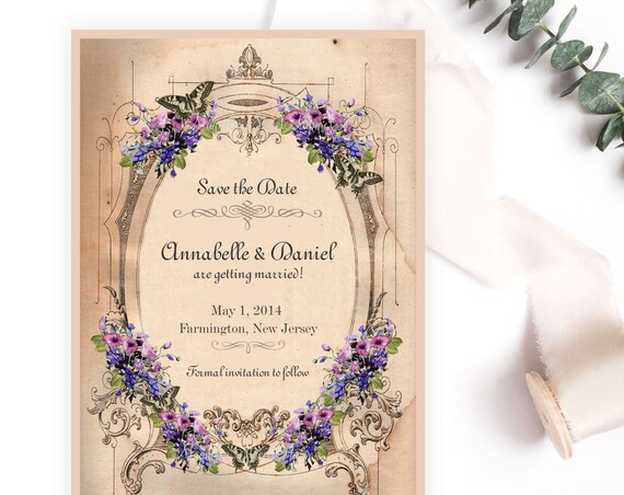 Vintage Lavender Floral Save the Date, Shabby Elegant and Romantic Purple and Butterflies Invite, Printable or Printed
