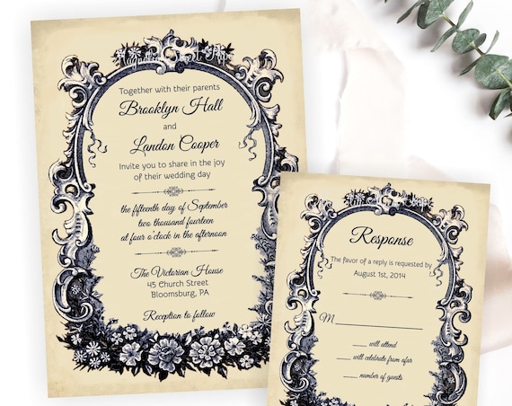 French Vintage Wedding Invitation, Elegant and Romantic Invite and RSVP Card, Antique Traditional Suite, Printable or Printed