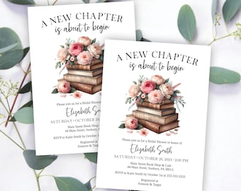 Book Themed Bridal Shower Invitation, Vintage Books and Pink and Blush Peony Flowers, A New Chapter About To Begin, Printable or Printed