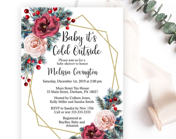 Baby It's Cold Outside Baby Shower Invitation, Christmas Pine, Blush and Burgundy Floral Gold Geometric Invite, Printable or Printed