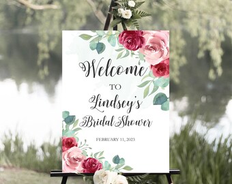 Blush and Burgundy Floral Bridal Shower Welcome Sign, Watercolor Baby Shower Signage Decor, Valentine's Day Shower, Digital Printable