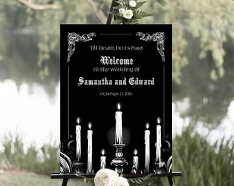 Halloween Gothic Wedding Welcome Sign, Spooky Candelabra Reception Signage Decor, Till Death Do Us Part, Black and White, Printable