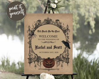 Panneau de bienvenue de mariage gothique Halloween, décoration effrayante de panneau de réception d'Halloween vintage, imprimable