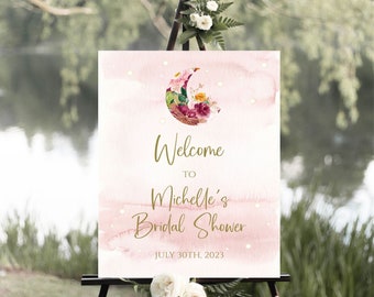 Celestial Bridal Shower Welcome Sign, Boho Bride Pink and Gold Moon Watercolor Sign, Written In the Stars, Printable