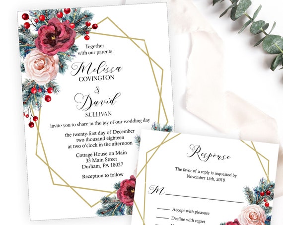 Winter Pine and Blush and Burgundy Floral Wedding Invitation, Modern Gold Geometric Christmas or Holiday Wedding Suite, Printable or Printed