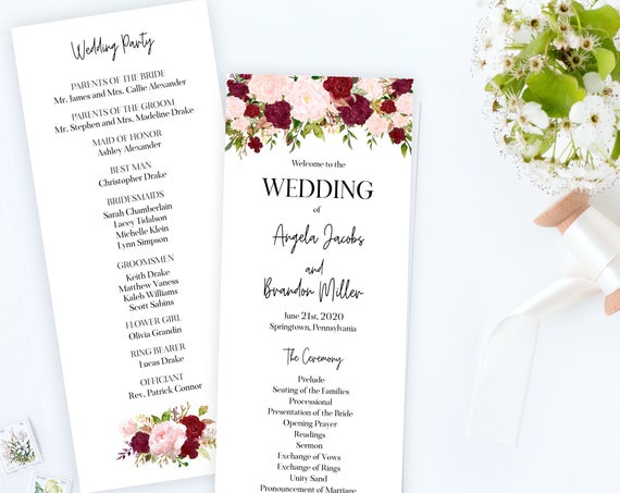 Blush and Burgundy Floral Wedding Program, Marsala Flowers Order of Service, Church Ceremony Program, Printable or Printed