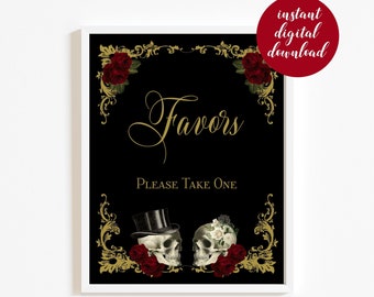 Wedding Favors Sign, Printable Please Take One  Halloween Gothic Wedding Sign, Skull Couple Burgundy Reception Decor, Instant Download, S1