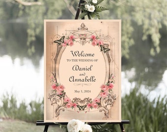Shabby Vintage Wedding Welcome Sign, Elegant and Romantic Reception Sign Decoration, Spring Fairytale, Pink Roses Butterflies, Printable
