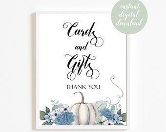 Fall Cards and Gifts Sign, Printable White Pumpkin and Floral Wedding Sign, Halloween Reception Decor, Instant Download